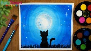 How to draw NIGHT LANDSCAPE WITH CAT - Step by step