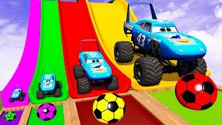 4 MONSTER TRUCKS vs Big & Small Lightning Mcqueen vs Slide Colors with Thomas Trains - BeamNG.Drive