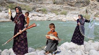 Nomadic woman fishing by a nomadic woman