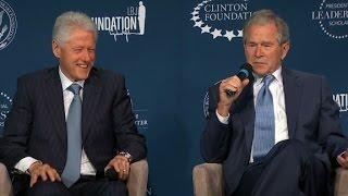 Bill Clinton George W. Bush laugh and jab at one another