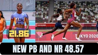 GABBY THOMAS 21.82 PUSHED JULIEN ALFRED 21.86 TO NEW PB AND NR  SHERICKA JACKSON NEED TO WORK