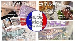 【パリ旅行 vlog】デパ地下食材調達とスーツケースの中身 100均大活躍便利グッズ パリ旅行 持ち物  アパートメントホテル モーニングルーティン 焼きたてパン  パリの状況と注意点