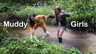 Two Girls in Knee High Boots in Mud Wet High Heels Boots in Mud Muddy Girls Boots Stuck vol. 64