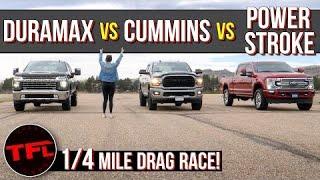 HD Diesel Duel - Ford F-250 vs Chevy Silverado 2500 vs Ram 2500 Quarter Mile Drag Race