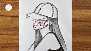 Girl with love mask drawing  How to draw a girl wearing a hat  Pencil sketch for beginners