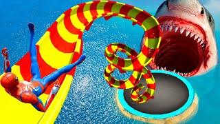 GTA 5  Water Slides  Spiderman vs SHARK vs TRAMPOLINE Euphoria Physics Falls