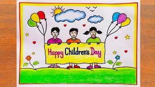 Childrens Day Drawing Easy  Happy Childrens Day Poster Drawing Easy Steps  Bal Diwas Drawing