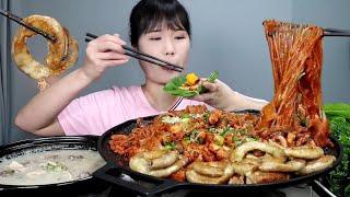 맛있는먹방요근래 최고로 맛있게 먹었어요️ 쭈삼보다 쭈닭이지 권사부푸드 신제품 매콤 쭈꾸미 닭갈비 초벌 소곱창 권사부순대국 먹방. Spicy mukbang.