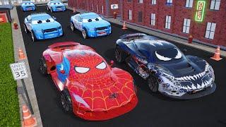 SpiderMan Car vs Evil Venom Car vs Police Cars Defends the City from Villians  Hero Cars Episode 2