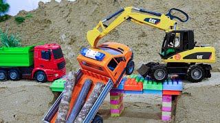 Excavator Rescues Truck Transporting Wood with Bridge Construction  Funny Stories Car Toys