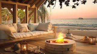 Tropical Beach Porch in Summer Ambience with Relaxing Sea Waves Crickets & Fireplace Sounds