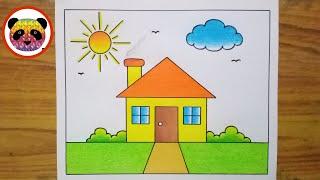 House Drawing  Draw a Simple House Step By Step Easy  House Drawing With Sun And Clouds  Ghar