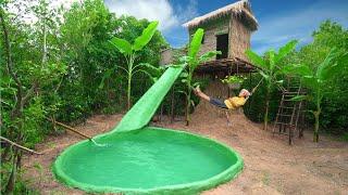 Survival Girl in the wild Building a bamboo house  on high land with water slide to swimming pool