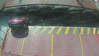 Shocking CCTV Car slips off ramp and crushed by ferry