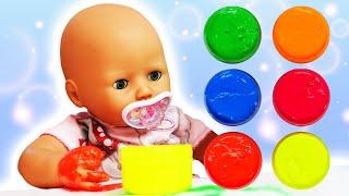 Learn colors with baby Annabell doll Baby Born doll & paints for fingers. Baby doll videos for kids