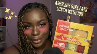 ASMR  Shy Girl eats lunch with you  whispering eating gummy candy mouth sounds