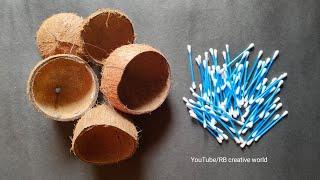 Waste Coconut Shell and Earbuds Craft Idea  How to Make Flower Vase