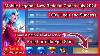 Mobile Legends Redeem Codes July 13 2024 - MLBB diamond redeem code today + Free Carmilla Epic Skin
