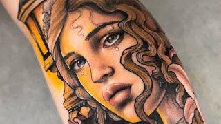 Neo Traditional Lady Face Tattoo - Real Time 4K