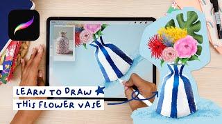 how to draw a flower vase with procreate  tutorial with TPL ink brushes  by doriana studio