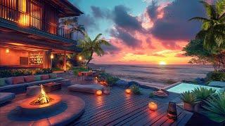 Stunning Sunset Seacape ASMR   Unwind with Cozy Fireplace & Ocean Waves on a Tropical Beach