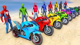 SPIDERMAN TEAM Motorbikes RACING Challenge on Beach Mega Ramp Spiderman Army Motos Race - GTA 5