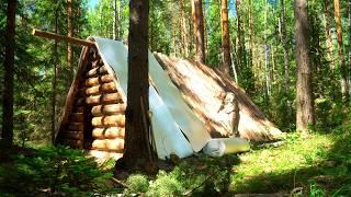A MAN BUILDS A SECRET LOG CABIN ALONE. THE MOSS ROOF IS READY