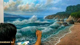 CARA MENGGAMBAR - MELUKIS PEMANDANGAN LAUT & PANTAI  HOW TO DRAW SEA AND BEACH SCENERY BY DANDAN SA