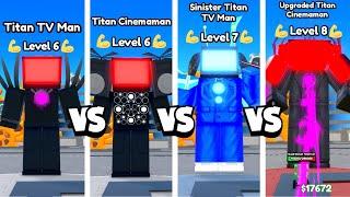 TITAN TV MAN vs TITAN CINEMAMAN vs SINISTER TTVM. vs UPGRADED TC.   Toilet Tower Defense Roblox