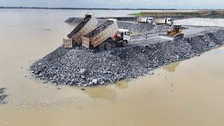 Fantastic Construction Road On Lake with Operator Bulldozer Push Stone Dump Truck for Filling Stone