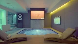 Luxurious Home Spa and Theater - Waterfall Hot Tub Sauna Shower Gym and Lounge Seating