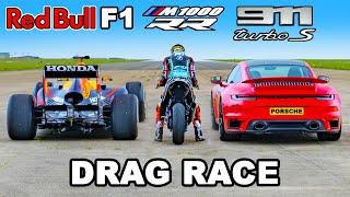 F1 Car v BMW M1000 RR Superbike v 911 Turbo S DRAG RACE