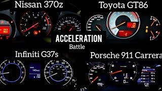 Nissan 370z Vs Toyota GT86 Turbo Vs Infiniti G37s Vs Porsche 911 Carrera acceleration battle  0-200