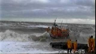 RNLI  lifeboat launch in rough sea