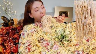 ASMR 꾸덕한 까르보나라 스파게티 매운쭈꾸미볶음 리얼먹방  Cream pasta spicy webfoot octopus MUKBANG