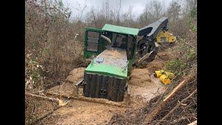 Stuck Skidder in the Swamp Creek Deere Logging Accident Disaster Trackhoe Excavator Rescue