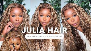 SPRING HOTTIE NEW PRE-EVERYTHING 7X5 GLUELESS UNIT BOMB BLONDE HIGHLIGHTS EASY INSTALL JULIA HAIR