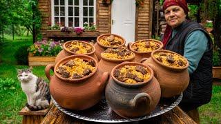 Beef Pilaf - Cooked in Clay Pots  Outdoor Cooking