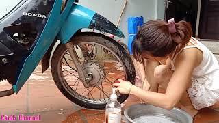 Beautiful single mother washing turquoise motorbike super pretty  clean with me