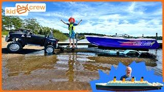 Kids speed boat adventure with ride on truck and Lego Titanic story. Educational  Kid Crew