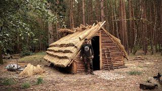 Thatch Roof House Full Bushcraft Shelter Build with Hand Tools  Saxon House