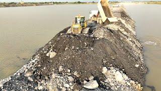 EP3 -Incredible Making Long Road on River by SHANTUI Bulldozer Pushing Stone Rock   Truck Unloading