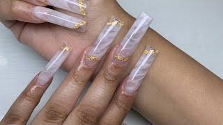 Long Smokey Marble Encapsulated Foil Acrylic Nails