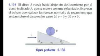 El disco B rueda hacia abajo sin deslizamiento por el plano inclinado A que se mueve con una celeri