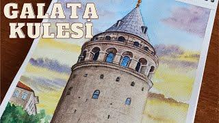 Galata kulesi nasıl çizilir?  Çizim ve boyama Suluboya ile  Watercolor painting 