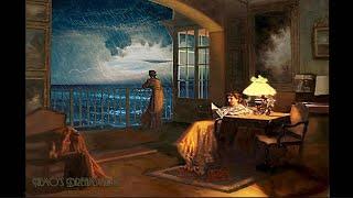 1930s Terrace by the ocean on a rainy night  oldies music ocean waves distant thunders  ASMR