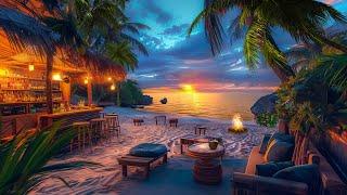 Sunset Ocean Harmony  Tranquil Sea Waves Nature Sounds & Cozy Fireplace at Beach Cafe Bar  ASMR