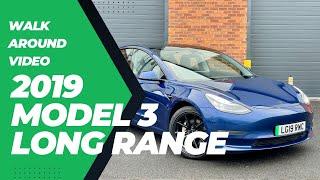 Walk around video of a 2019 Tesla Model 3 Long Range in blue with chrome delete and more  LG19RWC