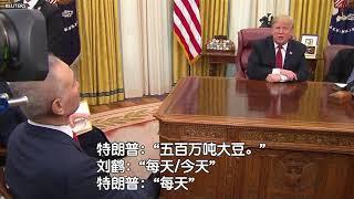 中国副总理刘鹤在白宫用英语对特朗普总统说，中国将从美国购买五百万吨大豆