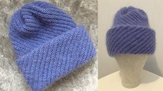 ВЯЖЕМ ЖЕНСКУЮ ШАПКУ ИЗ МОХЕРА С ДВОЙНЫМ ОТВОРОТОМ  KNITTED HAT